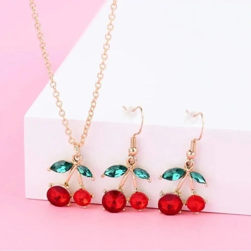 NEW Fun Cherry Necklace Pendant and Earrings Set